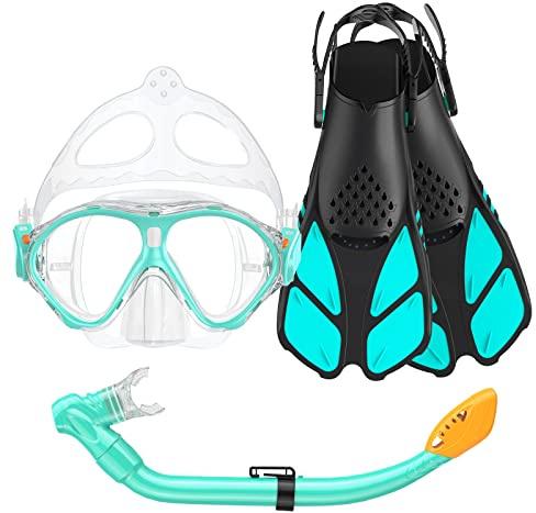 Seovediary Kids Snorkel Set, Mask Fins Snorkeling Gear for Kids Anti-Fog Swim Goggles 180 Panoramic View Dry Top Snorkel and Dive Flippers Combo with Travel Bag for Snorkeling Training Swimming Diving