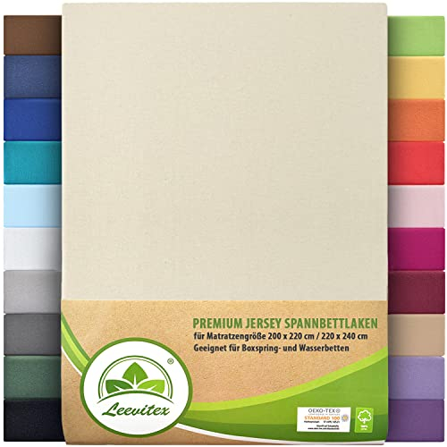 Premium Spannbettlaken, extra schwer und dick, 97% Mako-Jersey-Baumwolle und 3% Elasthan, auch Boxspringbett geeignet, 200 x 220-220 x 240 cm, Cremé/Naturweiß