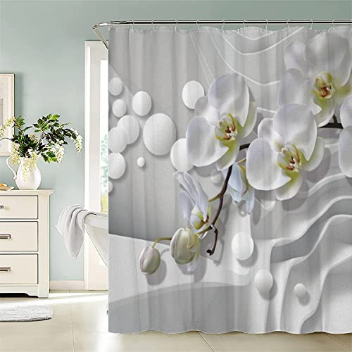 JIARAO Duschvorhang180x200 Weisse Orchidee Duschvorhänge Anti-Schimmel Anti-Bakteriell 3D Digitaldruck Waschbar Badewanne Vorhang Polyester Stoff mit 12 Duschvorhangringen Schöner Druck