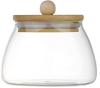 Tarro de almacenamiento hermético de vidrio de 300 ml, recipiente decorativo para café, frutos secos, jarrón de terrario con tapa de madera para caramelos, galletas, azúcar, harina, té, especias, sal