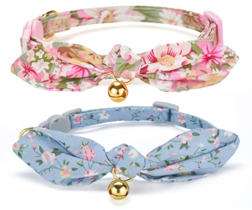 YUDOTE Weiches Baumwoll-Katzenhalsband mit Abnehmbarer, handgebundener Schleife, 2er Pack Kätzchenhalsbänder mit Schnellverschluss und Glocke, Blumendruck