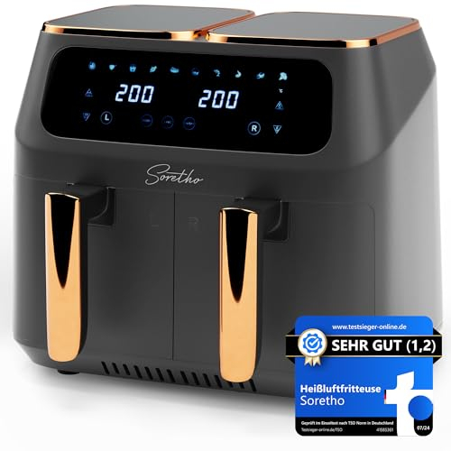 Soretho Heißluftfritteuse Dual Zone mit 2800W, 2 Kammern mit 10 Programmen, Heissluftfritteuse Doppelkammer mit 9L, 80-200°C und Shake-Funktion, Digitales Touch-Display