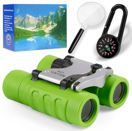 OSDUE Binocolo per Bambini, 8x21 Ingrandimento Binocolo,Portatile Bambini Binocolos, Kit Esploratore Cannocchiale per 3-6 Bambino Bambina con Bussola e Lente D'Ingrandimento, per Bird Watching (Verde)