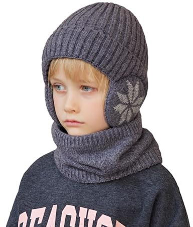 YAMEE Bonnet Chaud écharpe Ensemble pour Enfants avec Doublure Peluche Doux Cache-oreilles Chaud,2 Pièces Tricoté Beanie Cache-Cou Enfants Hiver Coupe-Vent,Chapeau pour Fille Garçon 4-10 Ans