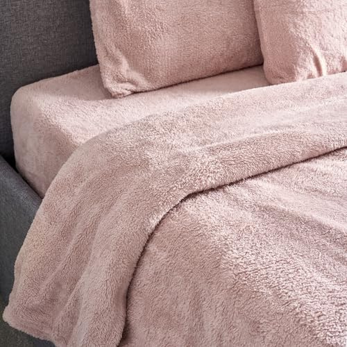 Bravich Teddy Fleece Duvet Set With Two Pillow Covers - Rose Pink. Super Soft Teddy Bear Bedding For King Size Bed, Fluffy Duvet Cover Sets For Winter. Kingsize Duvet Cover Sets, 230 X 200cm.