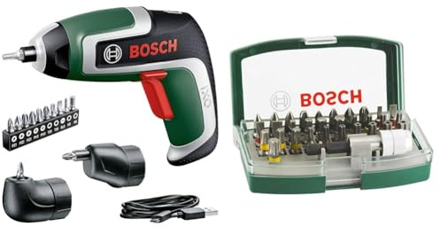 Bosch Home and Garden Compact Cordless Screwdriver IXO (7th Gen; with Micro-USB Cable; in Storage Box) + 32pc. Screwdriver Bit Set (PH-, PZ-, Hex-, T-, TH-, S-Bit, Accessories)