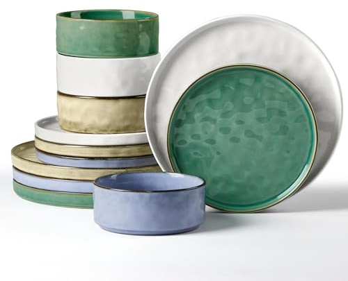 Herogo 12 Piece Dinner Set, Stoneware Dinnerware Sets for 4 People, Reactive Glaze Dining Plates and Bowls, Microwave and Dishwasher Safe, Chip and Scratch Resistant, Multicolor