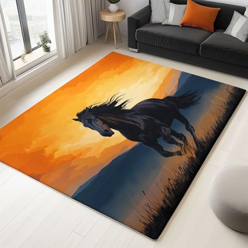 Tramonto Fantasy Con Cavallo Nero Tappeto Salotto Colore Arancione Flanella Stampa 3D Camera Da Letto Tappeti Cucina Antiscivolo Lavabile, Per Tavolino Da Salotto, Bagno, Tappeto Cameretta 90 x 150 cm