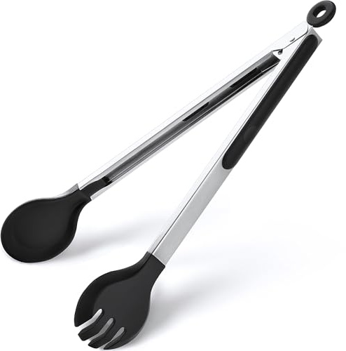 12 Inch Kitchen Tongs for Cooking, 600ºF Heat Resistant 2-in-1 Cooking Tongs with Silicone Tip & Measure Spoon Pasta Tongs Spaghetti Tongs for Tossing Salad, Serving Food, Non-Stick (12-Round Head)