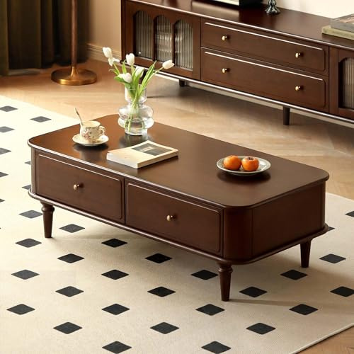 YESWOOD Solid Wood Coffee Table with Storage, 2 Drawer Centre Table with Classic Column Legs, Retro Coffee Table with Vintage Detailings for Living Room, Home Office(Poplar Wood, Walnut Finish)