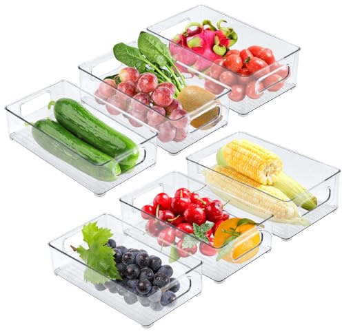 TMBMLPP Fridge Storage Organiser, 6 Pack Stackable Fridge Organisers, Fridge Organiser with Handles, Clear Fridge Drawers Pull-Out Storages, Fridge Storage Containers, for Refrigerator Kitchen - L/M/S