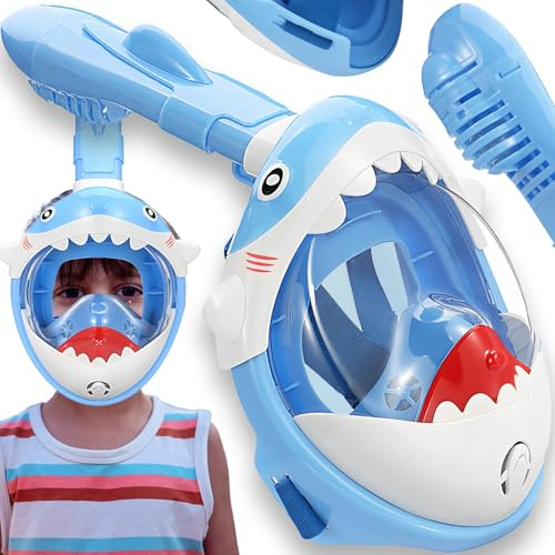 Retoo Maschera da snorkeling per bambini, con visione panoramica a 180°, tecnologia Dry Top, anti-perdite, guarnizione in silicone morbido, cinghie regolabili, design squalo, leggera e sicura
