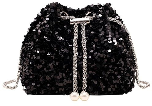 VPB Lentejuelas Bolso Negro Fiesta Mujer,Bolso Crossbody Bag con Cadena,Elegante Bolso de Mano Para Citas Fiestas Banquete