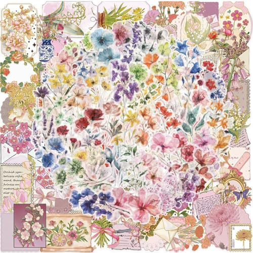 Rudfovn 100 Pcs Flower Scrapbook Stickers, Transparent Gold and Pure Edge 2 Styles Stickers for Scrapbooking Journal