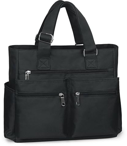 VOLGANIK ROCK Sac fourre-tout en toile imperméable en nylon multi-poches pour ordinateur portable sac de travail enseignant sac à main et sacs à main pour femmes et hommes, Noir (noir), Large