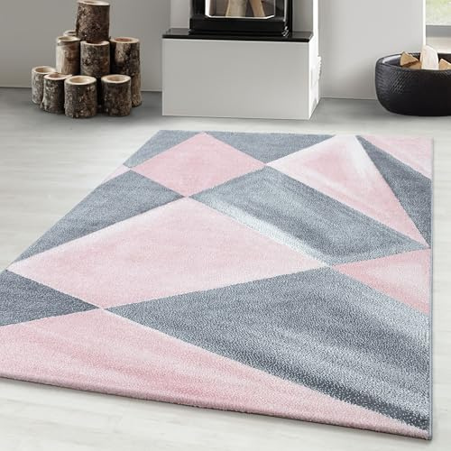 Carpetsale24 Designer Teppich Modern Abstrakt Gemustert – Pink und Grau – Wohnzimmerteppich für modernen Stil und Komfort, Größe 120x170 cm – Pflegeleicht, Weicher Flor, Ideal für Wohnzimmer