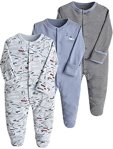 amropi Bambino Pagliaccetti 3 Pezzi in Cotone Neonato Ragazzi Ragazze Pigiami Manica Lunga Tutine 6-9 Mesi, Blu Grigio Banda