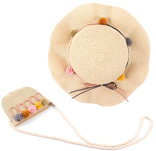 MAMUNU Strohhut und Kleine Tasche Set, Sommer Sonnenhut Mädchen Kinder, Kinderstrohhut mit Blumendekoration für den Tourismus Urlaub Reise Strand Outdoor-Aktivitäten,Stil 01 Beige