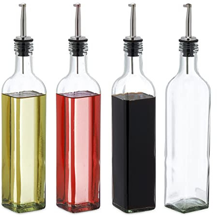 Relaxdays Essig- und Ölspender Set, 4 Glasflaschen, 500 ml, Ausgießer, Olivenöl & Vinaigrette, Ölflasche, transparent