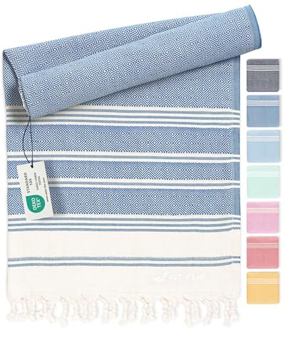 Fit-Flip Hammam Beach Towel XXL Made from 100% Cotton - Quick-Drying Turkish hamam Towels - Large fouta or pestemal Ideal as a Thin Sauna Blanket - Blue – 100x200cm Diamond