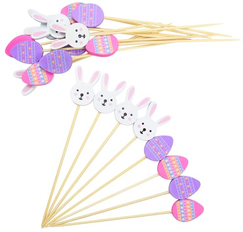 AWCIGG® 100 Stück Ostereier Hasen Cocktailspieße, Ostern Hölzerne Cocktail Zahnstocher, Lange Cocktail Picks, Osterdeko Partyspieße Cocktail Sticks für Ostern Hochzeit Geburtstag Party Dekoration