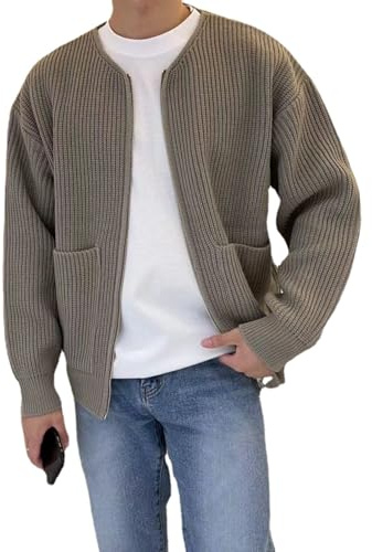 HESYSUAN Trendige Strickjacken für Herren Übergröße Reißverschluss Strickpullover Langarm Warmer Gestrickter Mantel mit 2 Taschen