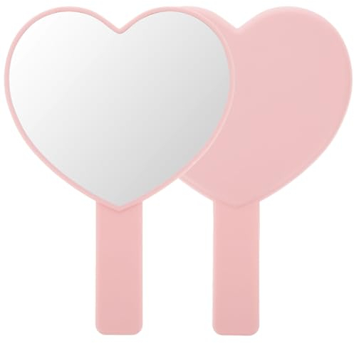 Dimeho Heart-Shaped Travel Handheld Mirror, Heart-Shaped Makeup Hand Mirror with Handle for Women (Pink)