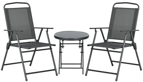 Outsunny Garden Bistro Set, 3 Pieces Table and Chairs Set, Outdoor Garden Furniture with Foldable Breathable Mesh Fabric Armchairs & Glass Top Coffee Table, Dark Grey