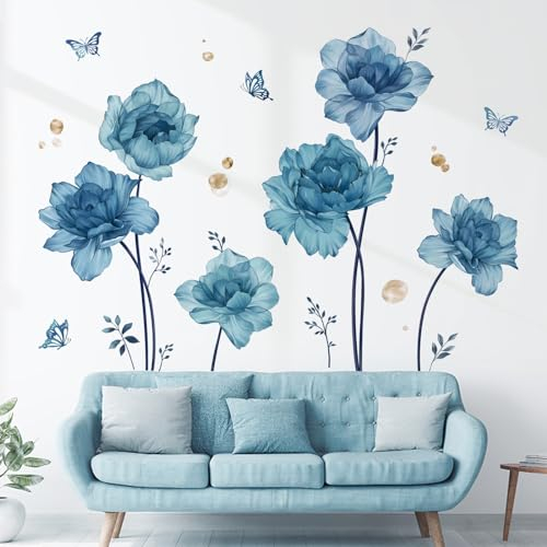wondever Large Blue Flowers Wall Stickers Peony Floral Plants Butterfly Peel and Stick Wall Art Decals for Girls Bedroom Living Room TV Wall