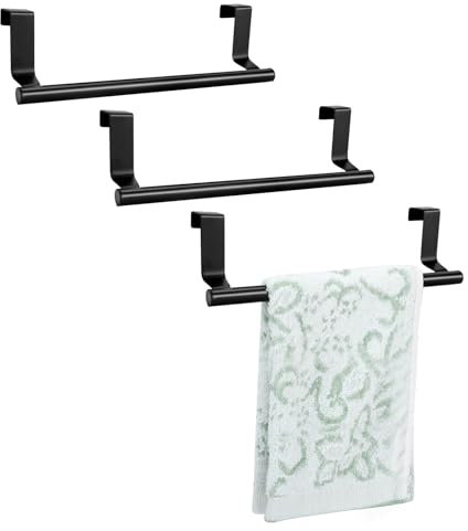 RETON 3 portasciugamani sopra la porta, porta strofinacci in acciaio inox, 23 cm, portasciugamani da cucina con cuscinetti antiscivolo, senza fori (nero)