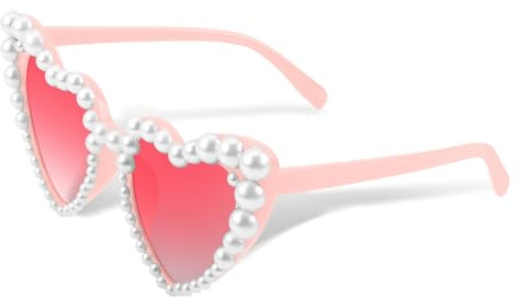 TamBee Heart Shaped Pearl Glasses - 90s Vintage Love Heart Sunglasses, Fashion Retro Cat Eye Funny Party Sunglasses for Women Kids Festival Party Glasses (Pink)