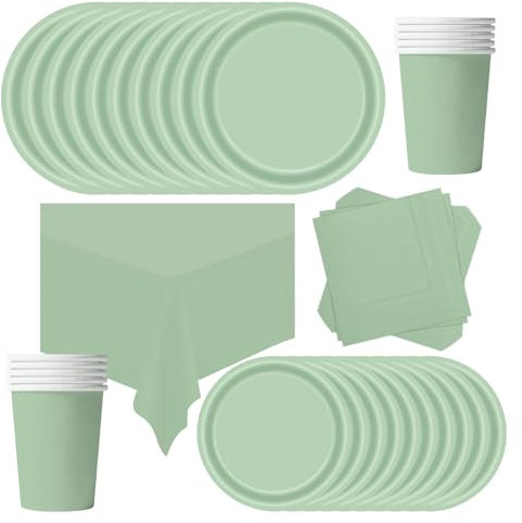 POPOYU 69Pcs Sage Green Party Paper Tableware Set,Sage Green Party Paper Plates Tablecloth PaperCups and Napkins Tableware Set for Birthday,Wedding,Bride PartySupplies Table Decorations(16 Guests)