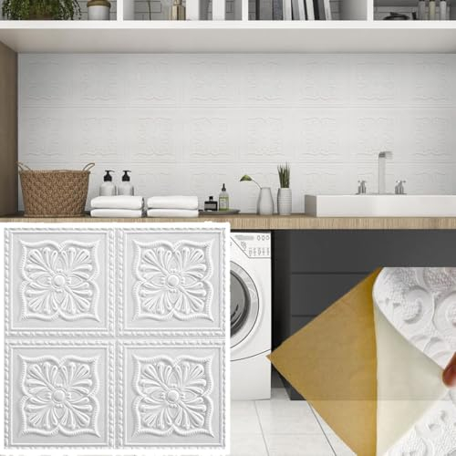 HAILM Deckenpaneele Selbstklebend Schälen Und Kleben, 10 Stück, Wandverkleidung Aussenbereich, Schneiden, 3D Wandpaneele Weiße Für Innenwanddekoration