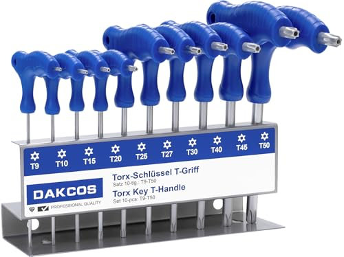 DAKCOS Juego de 10 llaves Torx con mango en T, llave de estrella T9-T50 con estante de almacenamiento, Cr-V