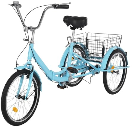 AOAPUMM 20 Zoll Dreirad faltbar Erwachsene Single Speed Dreirad mit großem Korb 3 Rad Cruiser Bike Grün Reise Sightseeing Tourismus Werkzeug für Stadt, Strand und alle Straßen (Blau)