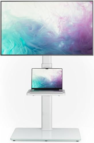 AX2006TW Universellt tv-golvstativ med fäste, 70° vridning, 9 nivåers höjdjustering, platsbesparande design, passar de flesta 27–65 tums LCD-, LED- och OLED-TV-apparater, vit