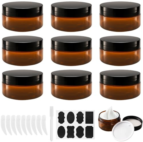 Ysimple 9Pcs Amber Plastic Cosmetic Jars, 80ml Sample Containers Pots Bottles with Black Screw Lid & liner, Empty Cosmetic Containers with Spatulas & Sticker (9Pcs-80ml)