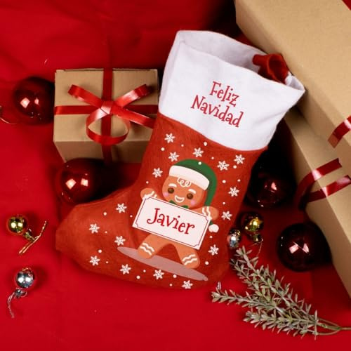 Calcetín de Navidad Personalizado para Colgar Chimenea. Medias de Navidad Personalizadas para Regalos. Decoración navideña Original con Nombre. Calcetines Papá Noel. Rojo. (Galleta Jenjibre)