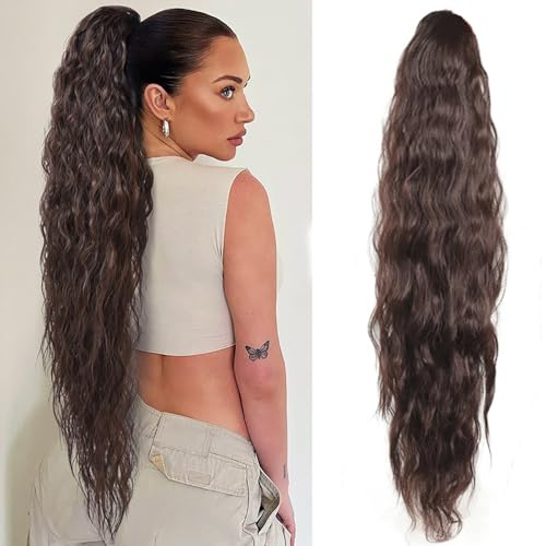 XFSRG Coleta Postiza Pelo Natural Ondulado Sintética Ponytail Drawstring Extensiones de Cabello Coleta para Mujeres（Marrón/66CM）