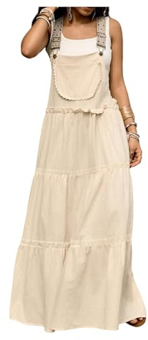 WDIRARA Women's Boho Adjustable Straps Overall Dress Flowy Maxi Bib Pinafore Dress Apricot Medium