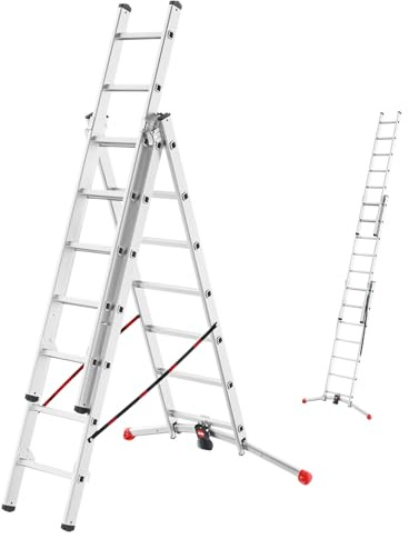 Hailo Leiter 3x7 Sprossen, 3-teilige Alu-Kombileiter, Mehrzweckleiter bis 150kg belastbar, max. Arbeitshöhe 549 cm, Multifunktionsleiterm, Aluleiter ausziehbar, Anlegeleiter, Stehleiter