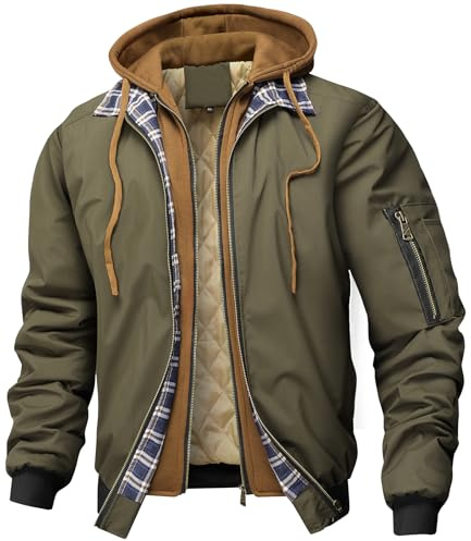 MEDUOLA Sudadera Cremallera Hombre Cremallera Doble con Capucha Invierno Chaqueta Cargo Manga Larga Bolsillos Grueso Cálido Estilo Deportivo Informal XL,Verde Militar
