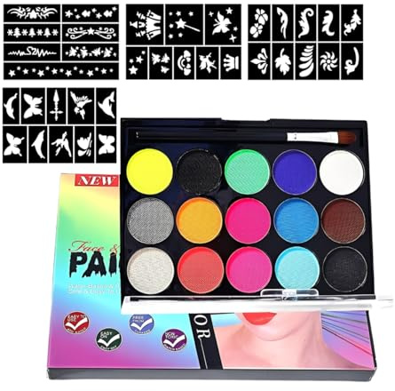 LuLiyLdJ Face Painting 15 Colori,Pittura per Viso e Corpo con 28 Stampini,Truccabimbi Kit Anallergici Atossici,Trucchi Carnevale,Sicuro e Facile da Rimuovere,Ideale per Feste,Carnevale e Halloween