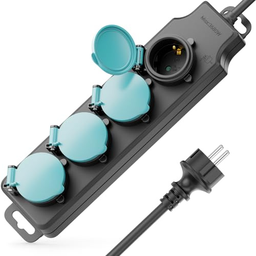 deleyCON Regleta Exterior 4 Tomas IP44 con 10m Cable - Base Múltiple para Exterior 4X Conexiones con Tapa - Ideal para Jardín Terraza Balcón Sótano Garaje