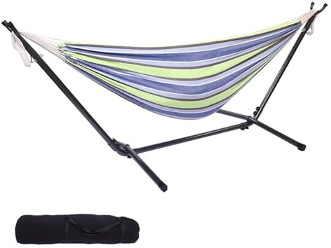 BreezTerra Hamac - 305 x 109 x 104 cm - Avec structure - Charge maximale : 250 kg - Réglable sur 6 hauteurs différentes - Cadre en métal pour jardin - Violet vert
