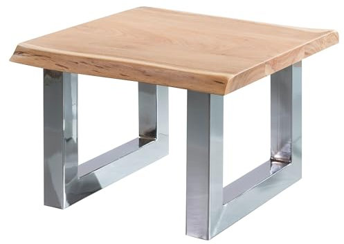 Wohnling Couchtisch 58 x 40 x 60 cm Akazie Massiv Holz Metallgestell Braun, Baumstamm Wohnzimmertisch Massivholz klein, Baumkante Sofatisch Landhaus Holztisch, Tisch Wohnzimmer Stubentisch