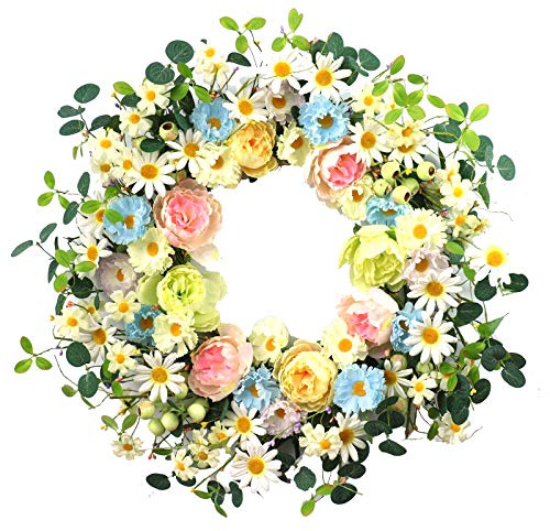 JINGHONG 24â Artificial Flower Wreath,Daisy and Rose Wreath Colorful Spring/Summer Floral Wreaths for Front Door Wall Window and Holiday Festival Party Banquet Wedding Decor