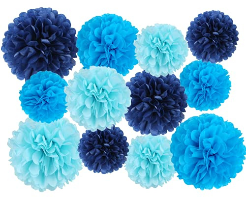 12 Pcs Tissue Pom Poms Kit, Tissue Paper Flowers for Birthday, Boy Baby Shower, Nursery, Graduation, Bachelorette Party Decoration (Blue Mix)