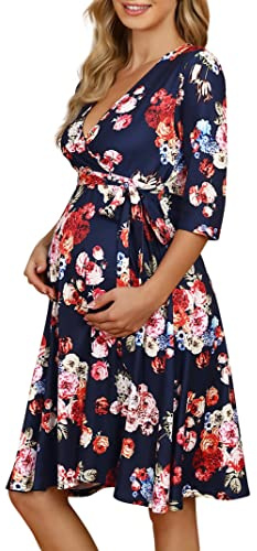 KOJOOIN Mammaklänning, gravidklänning för gravida kvinnor, amningsklänning, V-ringad långärmad med midjebälte (återanvändbar förpackning), Blommor01, XXL