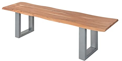 SAM Esszimmerbank 180x42 cm Chicago, Akazienholz naturfarben, Massive Holzbank mit echter Baumkante, Baumkantenbank mit U-Gestell Silber, Sitzbank mit 26 mm Platte